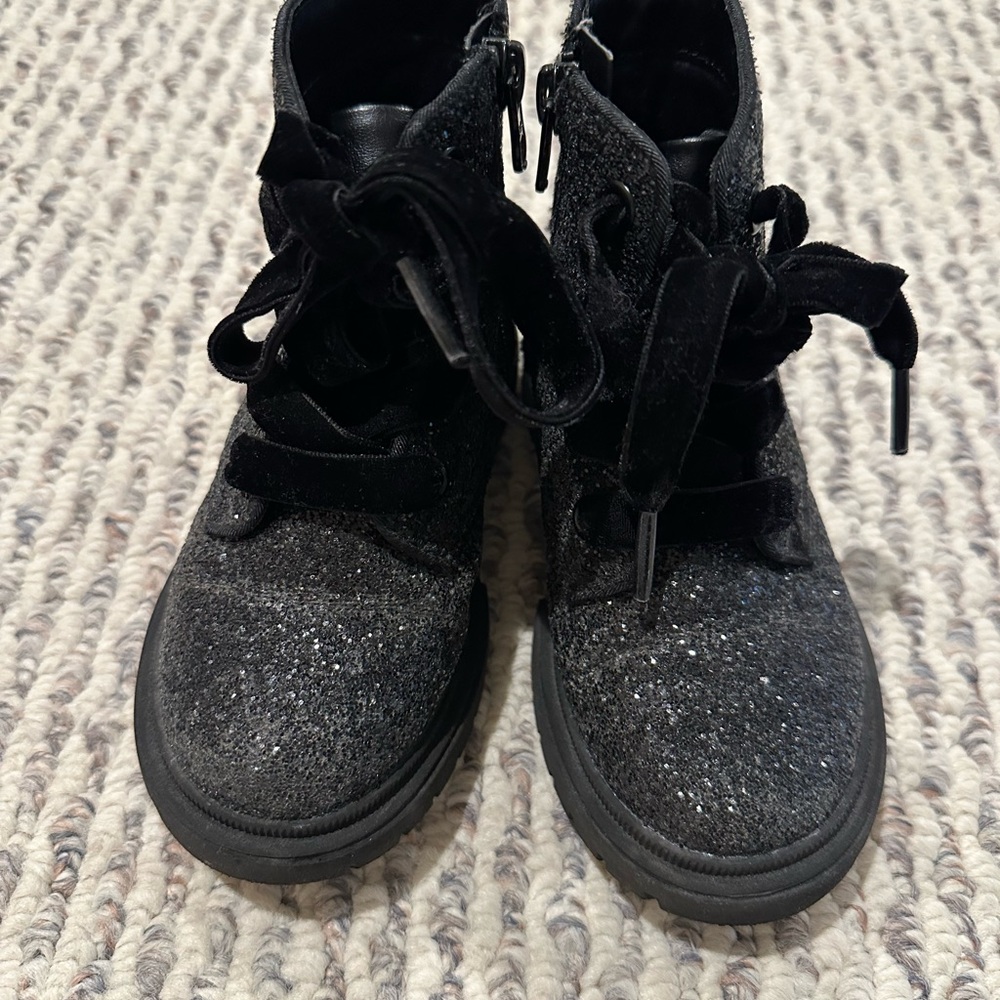 Cat & Jack Black Glitter Zipper Combat Boots Velvet Laces 9T